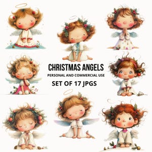 Weihnachtsengel Clipart, Aquarell 17 JPGs, süsse festliche Engel Illustrationen, originelle Weihnachtsengel, süsse festliche Engel Designs