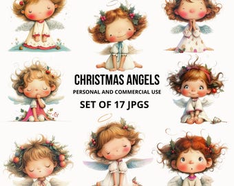 Christmas Angel Clipart, Watercolor 17 JPGs, Cute Festive Angel Illustrations, Quirky Christmas Angel,  Cute Festive Angel Designs