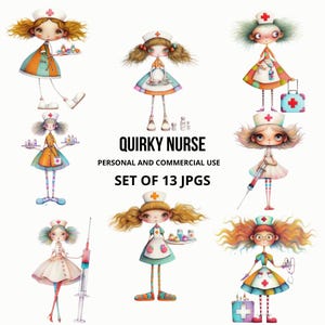 Quirky Nurse Clipart, Fun and Whimsical Nurse Illustrations, 13 JPG Fun Medical Images, Junk Journaling, Scrapbooking, Card Making