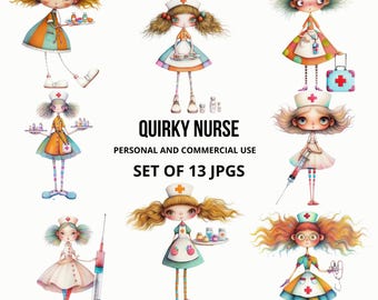 Krankenschwester Clipart, lustige und skurrile Krankenschwester Illustrationen, 13 JPG lustige medizinische Bilder, Junk Journaling, Scrapbooking, Kartenherstellung