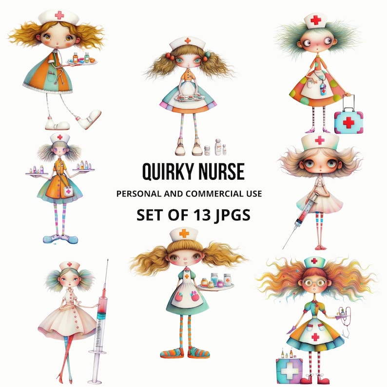 May include: A set of 13 digital illustrations of quirky nurses. Each nurse is depicted with a different personality and style, wearing a white uniform with a red cross and holding medical supplies. The illustrations are in a cartoon style and are perfect for use in digital projects.