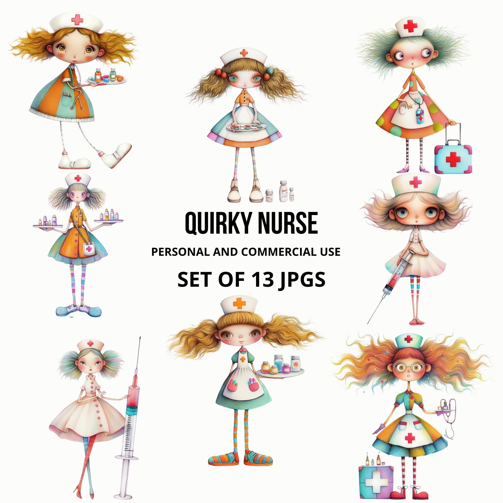 Quirky Nurse Clipart, Fun and Whimsical Nurse Illustrations, 13 JPG Fun Medical Images, Junk