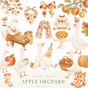May include: A collection of watercolor illustrations featuring white geese, red apples, apple blossoms, a pie, a sweater, a scarf, a bandana, a bow, a basket, and boots. The text reads 70 FILES, watercolor clipart, and APPLE ORCHARD, 300 DPI PNG FILES.