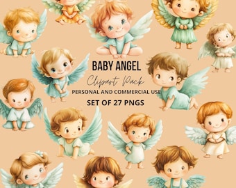 Baby Angel Clipart Bundle, Cute Angel PNG, Baptism Clipart, Christening Clipart, Nursery Angel Clipart, Watercolor Baby Angel Set