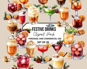 Christmas Cocktail Clipart Set, Festive Drinks PNG, Watercolor Christmas Hot Chocolate, Mulled Wine, Digital Bar, Christmas Beverage