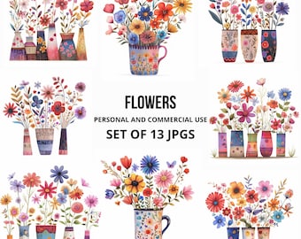 Whimsical Flower Clipart, Digital 13 JPGs for Card Making, Scrapbooking, Junk Journaling, Digital Download Kit, High Res Watercolor Clipart