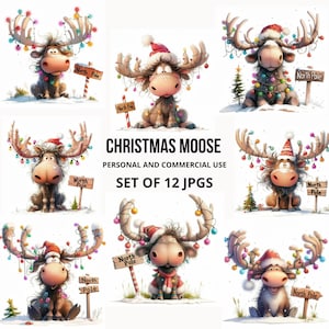 Christmas Moose Clipart, 12 Whimsical Moose Illustrations, Festive Holiday Moose Art, North Pole Decor, Moose with Santa Hat, Holiday Lights