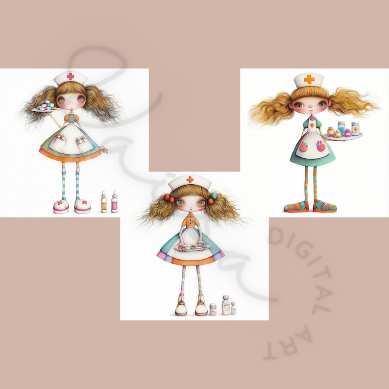 May include: Three illustrations of nurses with red crosses on their hats. Each nurse is wearing a different outfit and holding a tray with medical supplies. The nurses have blonde hair and blue eyes.