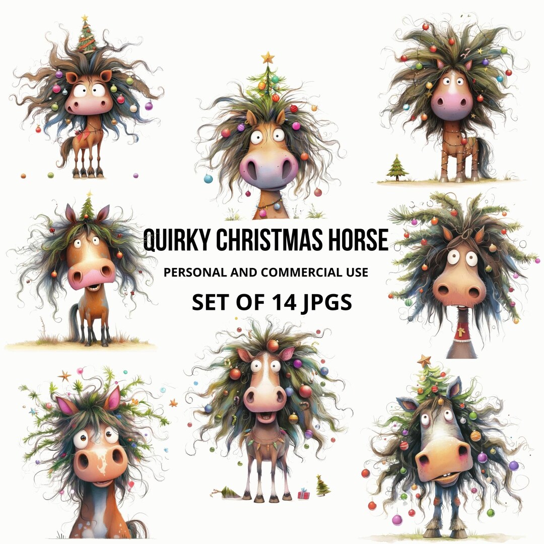 Quirky Christmas Horse Clipart Set of 14 JPG, Festive Horses, Funny ...