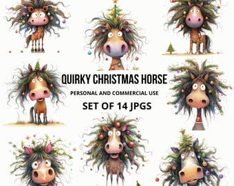 Quirky Christmas Horse Clipart Set of 14 JPG, Festive Horses, Funny Humorous and Cute Clip Art, Digital Download,Junk Journaling Card Making