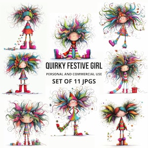 Quirky Holly Christmas Girl Art, 11 High-Resolution JPGs for Holiday Crafts, Cards, Scrapbooking, Digital Projects, Whimsical, Printables