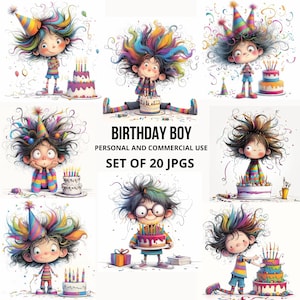 Clipart di un bizzarro ragazzo di compleanno, scrapbooking, creazione di biglietti, diari spazzatura, 20 JPEG, lavoretti di carta, effimere stravaganti, clipart di acquerelli