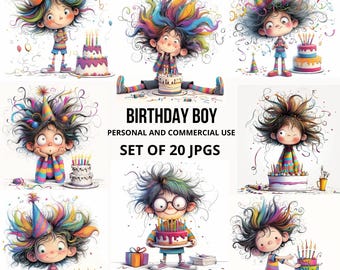 Quirky Birthday Boy Clipart Bundle, Whimsical Kids Party Illustrations, Colorful Watercolor Children 20 JPGs, Scrapbooking, Card Making,