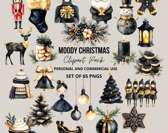 Watercolor Moody Christmas Clipart, Elegant Holiday PNGs, Dark & Gold Christmas Illustrations, Cozy Christmas, Boho Xmas Clip Art Set