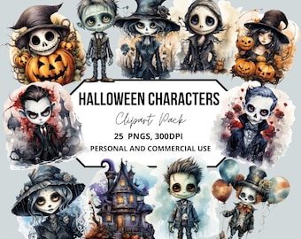 Halloween Characters Clipart Pack, Spooky Cute Designs, PNG, Digital Download