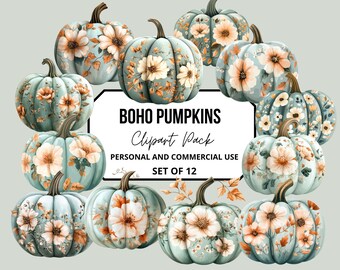 May include: A set of 12 digital clipart images of blue and white pumpkins with floral designs. The pumpkins are arranged in a circle with the text "BOHO PUMPKINS Clipart Pack PERSONAL AND COMMERCIAL USE SET OF 12" in the center.