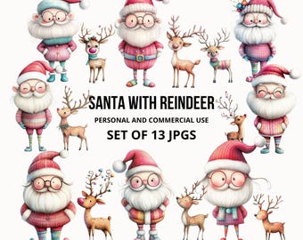 Könnte beinhalten: Ein Set mit 13 digitalen Illustrationen, die den Weihnachtsmann und Rentiere zeigen. Die Illustrationen sind im Cartoon-Stil gehalten und zeigen verschiedene Posen und Gesichtsausdrücke. Die Illustrationen eignen sich perfekt für die Verwendung in Weihnachtsbastelarbeiten, Grußkarten und anderen kreativen Projekten.