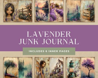 Kit per Junk Journal a tema lavanda, fiori viola, carta stampabile, scrapbooking, carta digitale floreale, kit per Junk Journal, set di 6 pagine