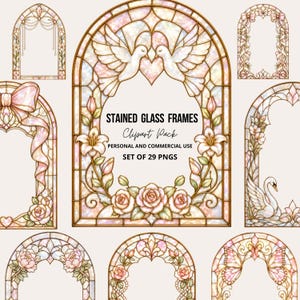 Stained Glass Wedding Sign Template, Romantic Arched Window Borders, Bow Butterfly Swan Dove Floral Clipart, Table Numbers Frames 5x7