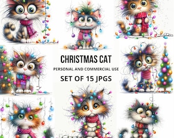 Quirky Christmas Lights Cat Clip Art, 15  Watercolor JPG, Junk Journaling, Scrapbooking, Card Making, Digital Download, Fantasy, Whimsical