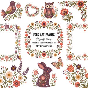 Clipart art folklorique scandinave, éléments de motif floral, Design folk nordique, Boho mariage Clipart, cadres frontières PNG, Surface Design Bundle