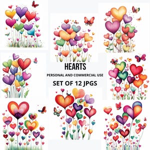 Bundle de cliparts coeur, 12 illustrations colorées sur le thème de l'amour, journal indésirable JPG, fabrication de cartes, Saint-Valentin, bouquets coeurs fantaisistes