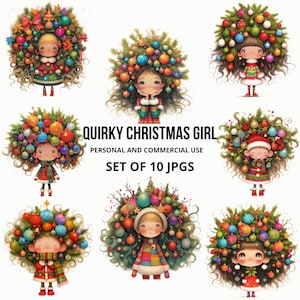 風変わりなクリスマスガールのクリップアートセット、気まぐれなクリスマスのイラスト、かわいいお祭りキャラクター、10 JPG ホリデーデジタルアートの即時ダウンロード