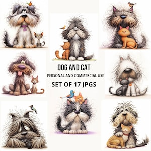 Quirky Dog and Cat  Friendship, 17 JPGs  High Res Watercolor, Fantasy, Whimsical, Junk Journal,  Scrapbooking, Card Making, Digital Download