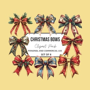 Christmas Bow Clipart, Watercolor Red and Gold Bows, Festive Bows PNG, Holiday Bow Clipart for Cards, Crafts, Digital Download