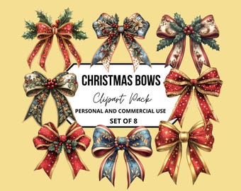 Christmas Bow Clipart, Watercolor Red and Gold Bows, Festive Bows PNG, Holiday Bow Clipart for Cards, Crafts, Digital Download