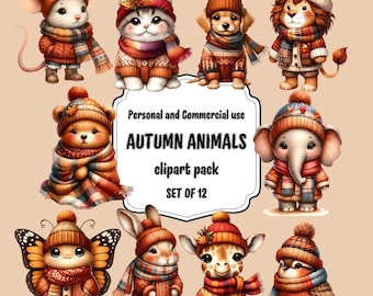 Animals in Autumn Sweaters Clipart, Autumn Animals Clipart,  Cozy Woodland Animal Illustrations,  Fall Decor, PNG for Invitations, Stickers
