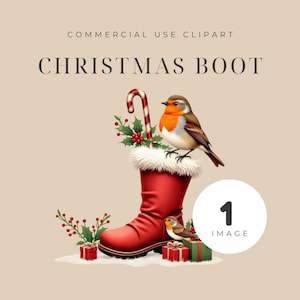 Rotkehlchen, Weihnachten Stiefel Dekor, roter Stiefel mit Zuckerstange, Stechpalme & Geschenke, gemütlicher Winter Vogel Clip Art, PNG