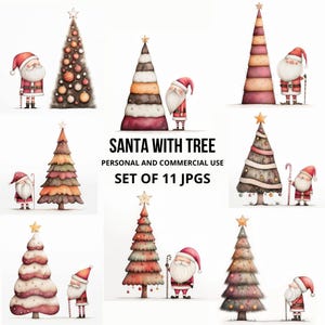 Santa with Christmas Tree, Whimsical Ephemera, Watercolor 11 JPGs, Festive Holiday Illustrations, Fantasy Junk Journal, Christmas Clipart