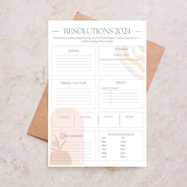 New Years Resolutions Printable 2024. Simple and Classic. Boho neutrals.