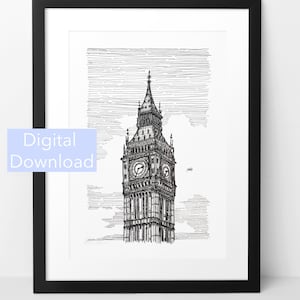 Impression Big Ben, dessin d&#39;architecture, art dessiné à la main, cadeau de voyage à Londres, impression d&#39;art numérique