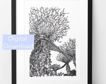 Gardens by the Bay Print, Architecture Drawing, Hand Drawn Art, Singapore Travel Gift, Digital Art Print