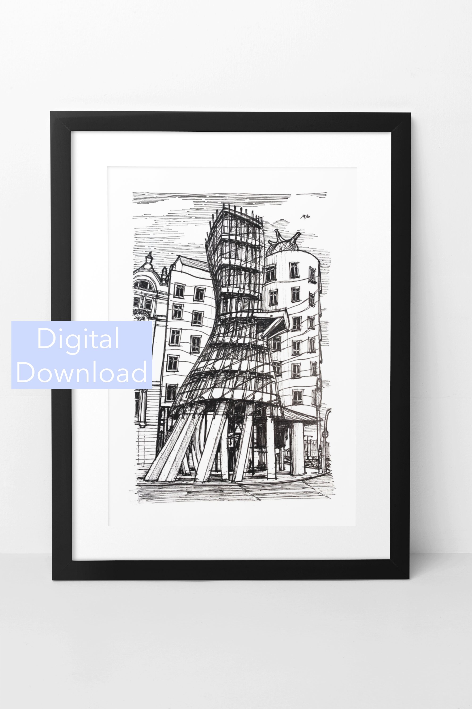 The Dancing House Print, Architecture Drawing, Hand Drawn Art, Prague Travel Gift, Digital Art Print