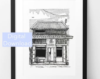 Japanese Storefront Print, Architecture Drawing, Hand Drawn Art, Japan Travel Gift, Digital Art Print
