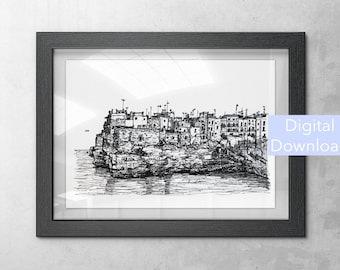 Polignano a Mare Print, Architecture Drawing, Hand Drawn Art, Italy Travel Gift, Digital Art Print
