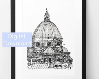 Cathedral Santa Maria Del Fiore Print, Architecture Drawing, Hand Drawn Art, Florence Travel Gift, Digital Art Print