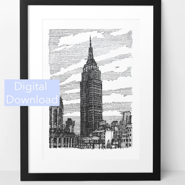 Empire State Building Print, Architecture Drawing, Hand Drawn Art, New York Travel Gift, Digital Art Print
