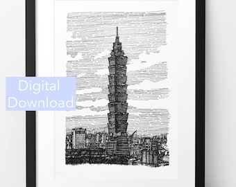 Taipei 101 Print, Architecture Drawing, Hand Drawn Art, Taiwan Travel Gift, Digital Art Print