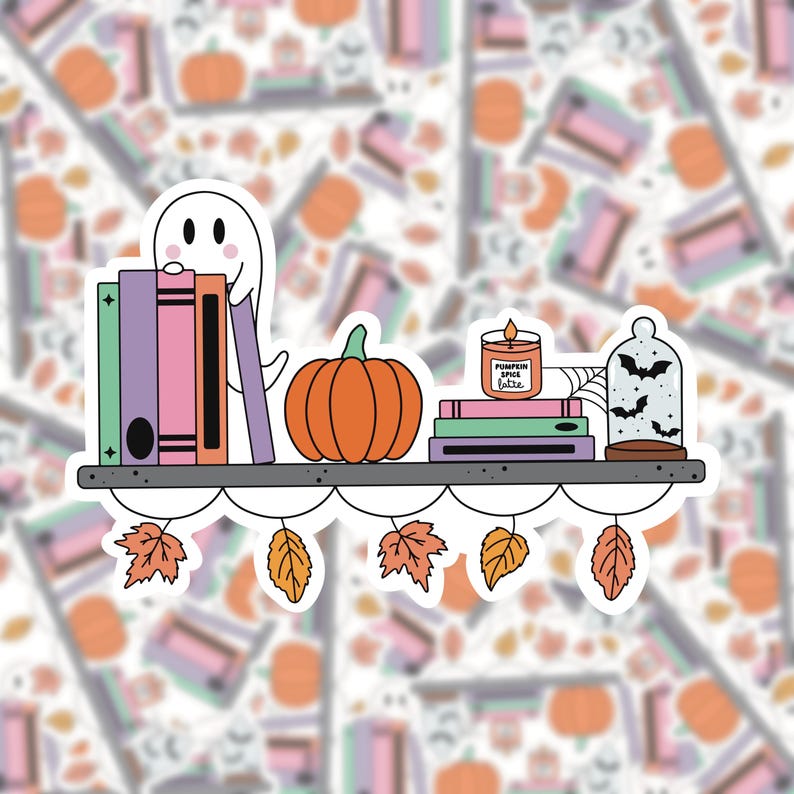 May include: A white ghost with a friendly face peeks out from behind a stack of colorful books on a shelf. A pumpkin, a candle that says "Pumpkin Spice Latte", and a glass cloche with bats inside complete the autumnal scene.  Fall leaves hang from the shelf.