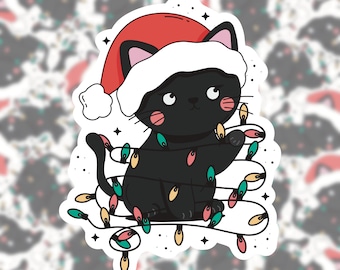 Sticker chat de Noël | autocollant mignon de saison des vacances | Gourde Kobo pour Kindle | Cadeaux sarcastiques drôles | C'est la saison | Lumières de Noël