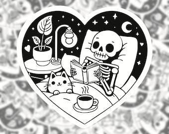 Reading Skeleton Vinyl Sticker | Fantasy Fiction Reader | Kindle Kobo Water bottle | Halloween Cozy Reading Aesthetic | Book Club Gift