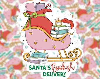 Sticker livraison livresque du père Noël | Autocollant mignon de Noël pour la saison des fêtes | Bouteille d'eau Kindle | Cadeau lecteur club de lecture | Cadeau rat de bibliothèque