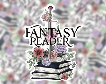 Autocollant en vinyle Fantasy Reader pour les amateurs de livres - Esthétique de pile de livres épée florale, lecteur de fiction, décalcomanie Kindle, produit livresque, cadeau club de lecture