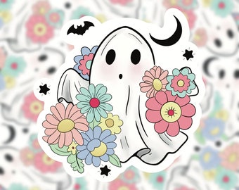 Cute floral Halloween ghost- Spooky Fall bats vinyl sticker - water resistant Fall decor, mini and holographic options