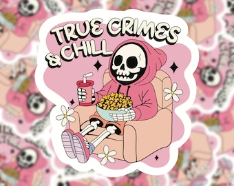 Autocollant en vinyle True Crimes and Chill pour vrais toxicomanes, lecteurs de thrillers, décalcomanie Kindle résistante à l'eau, cadeau club de lecture, esthétique rose