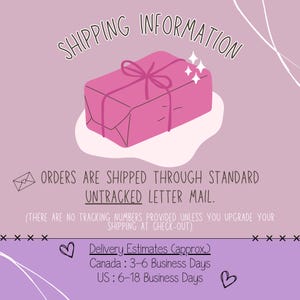 May include: Pink and white graphic with a cartoon illustration of a wrapped gift box. The text reads "Shipping Information" and "Orders are shipped through standard untracked letter mail. (There are no tracking numbers provided unless you upgrade your shipping at check-out)" and "Delivery Estimates (approx.) Canada: 3-6 Business Days US: 6-18 Business Days"